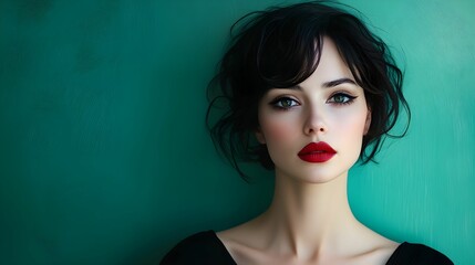 kobieta, brunetka, krótkie włosy, zielone tło, emeraldowy, modelka, stock photo, Canon EOS R6, przysłona f/2.0, odważny makijaż, elegancja, intensywny wyraz, głęboka czerwień, portret, ciemne włosy, p