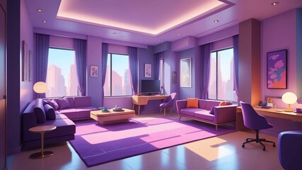 purple themed aesthetic minimalist hotel interior concept illustration background