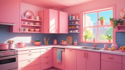 pink themed aesthetic minimalist kitchen interior concept illustration background