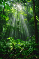 Tranquil Forest with Tall Trees and Sunlight Filtering Through the Canopy