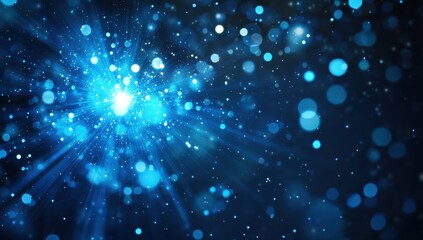 Fototapeta premium Abstract blue background with glowing particles and stars Futuristic light effect, flare, and bokeh on a dark space The focus is the center of an explosion or laser beam, with rays Generative AI