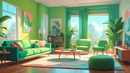 green themed aesthetic minimalist living room interior concept illustration background
