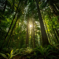 Tranquil Forest with Tall Trees and Sunlight Filtering Through the Canopy