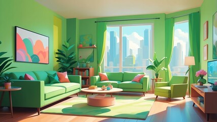 green themed aesthetic minimalist living room interior concept illustration background
