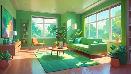 green themed aesthetic minimalist living room interior concept illustration background
