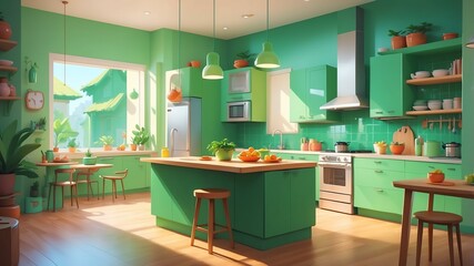 green themed aesthetic minimalist kitchen interior concept illustration background