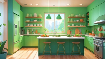 green themed aesthetic minimalist kitchen interior concept illustration background