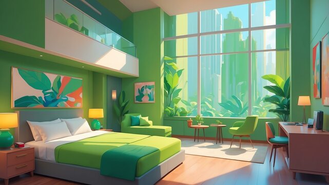 green themed aesthetic minimalist hotel interior concept illustration background