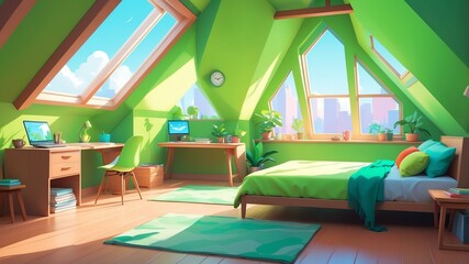 green themed aesthetic minimalist attic interior concept illustration background