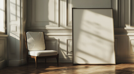 A white blank frame for text leaning against the wall in the studio next to a chair. Shadows from the window and branches.