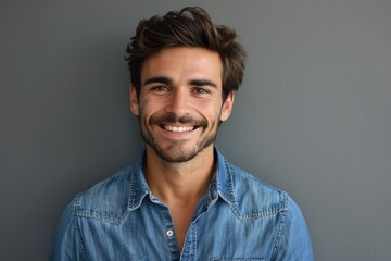 Obraz premium Closeup photo of attractive guy with perfect appearance and neat hairdo smiling in denim shirt.