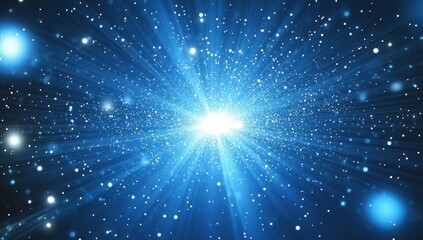 Fototapeta premium Blue glowing light particles in the background with white stars and rays on a dark blue space, a futuristic technology concept Generative AI