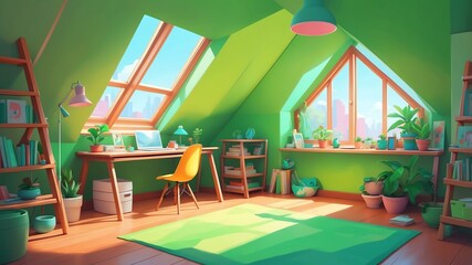 green themed aesthetic minimalist attic interior concept illustration background