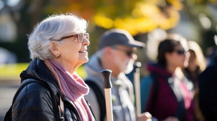 Obraz premium A senior woman smiles as she observes a community walk with fellow participants in autumn