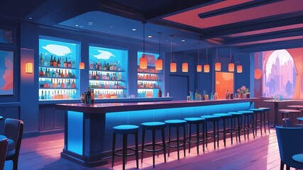 Fototapeta premium blue themed aesthetic minimalist bar interior concept illustration background