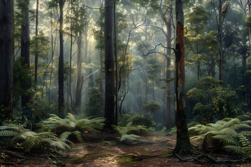 Tranquil Forest with Tall Trees and Sunlight Filtering Through the Canopy