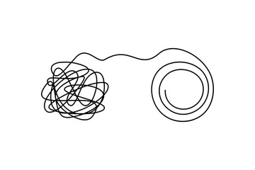Concept psychology, mental health, ordering the inner world.  Tangled thoughts move into order. Line art on white background