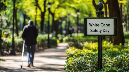 Obraz premium A person using a white cane strolls through a vibrant park on White Cane Safety Day