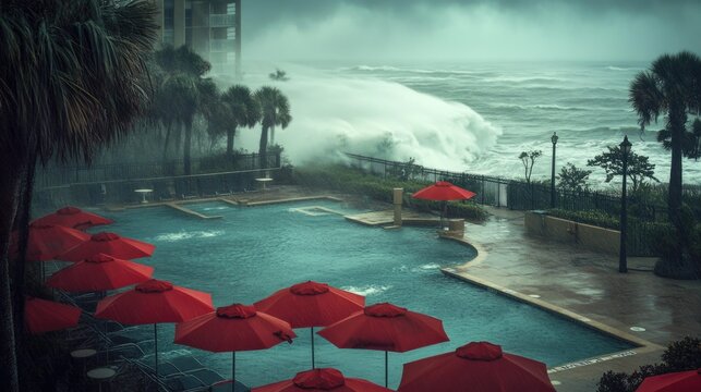 Fierce ocean waves crash against coastal hotel pool amid powerful storm, palms and red umbrellas sway in wind, hurricanes and disasters