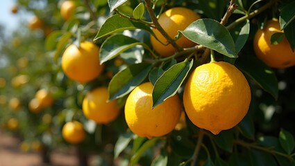 Vibrant yellow lemons on tree with green leaves bathed in golden sunlight