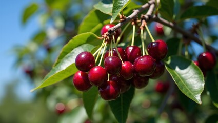 Ripe red cherries hanging from tree branches against a blue sky