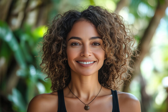 Captura natural de una mujer madura sonriendo en un d&iacute;a soleado, rodeada de un bosque verde. Su rostro es el punto focal, con un fondo borroso que resalta su calidez.