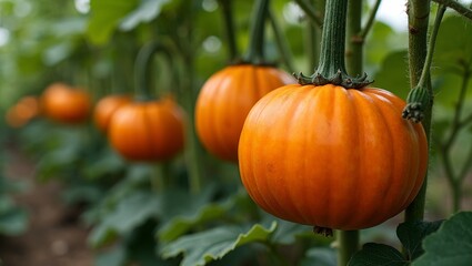 Obraz premium Vibrant butternut squashes on vines in a sunlit field
