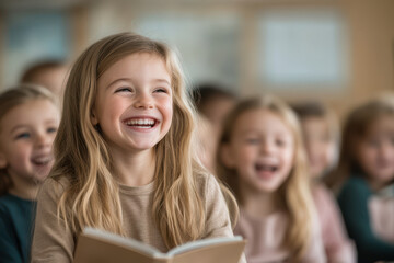 Obraz premium Happy young girl laughing with a book in classroom surrounded by other students