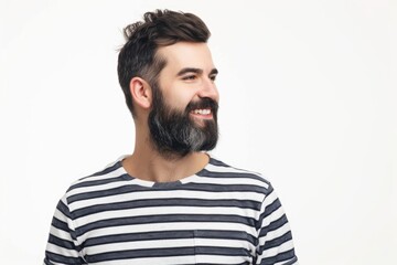 Fototapeta premium Handsome man in striped shirt smiling and thinking.