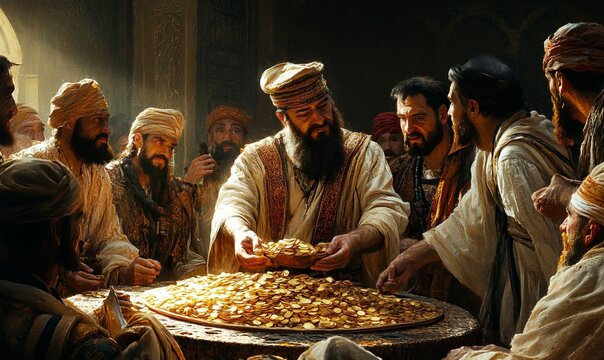 A greedy and corrupt military leader counts gold while surrounded by eager advisors in a dimly lit chamber during ancient times