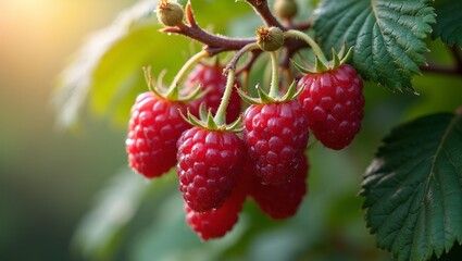 Ripe raspberries on branches with dew golden sunlight green leaves