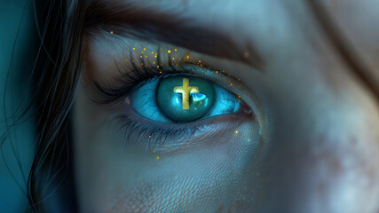 Closeup of eye reflecting cross symbol amidst illuminated particles. Beliver