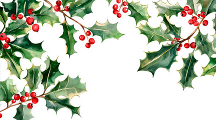 watercolor christmas holly clipart white background. holly in the foreground at bottom as boarder space at top