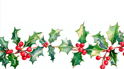 watercolor christmas holly clipart white background. holly in the foreground at bottom as boarder space at top