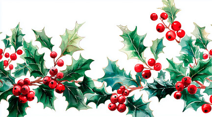 watercolor christmas holly clipart white background. holly in the foreground at bottom as boarder space at top