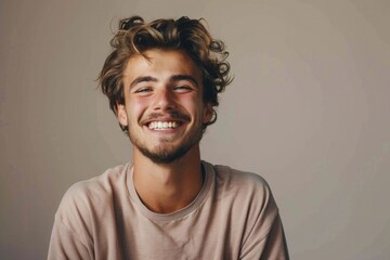 young man laughing shyly and cheerfully  with a friendly and positive but insecure attitude