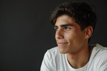 Fototapeta premium Confident young Hispanic man in casual profile pose.