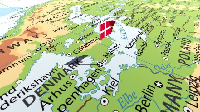 Denmark flag waving on the map