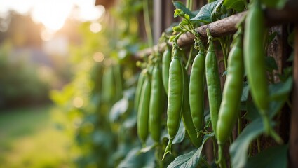 Vibrant green peas on trellis in backyard garden bathed in soft afternoon light