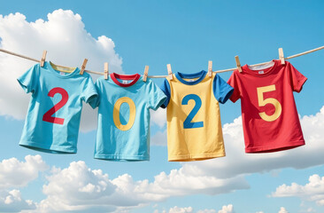 Four children's T-shirts with the letters “2025” hanging on a clothesline against a sky with clouds. Generated AI