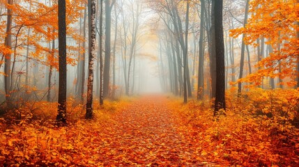 Misty autumn forest pathway lined with vibrant orange and yellow foliage