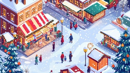 Isometric view of a Christmas market scene with snowfall and holiday decorations