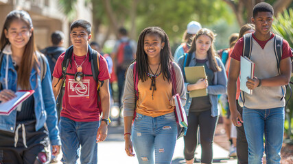 Obraz premium Diverse college students walking on campus with backpacks and books