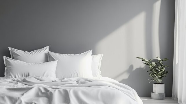 Mockup of empty bedding items. Front view of bed linen on a white bed against a gray wall. Pillows, duvet, and bed sheet in an empty room. Clipping path included. 