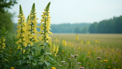 Obraz premium Vibrant Mullein plant standing tall in forest clearing