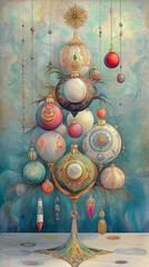 Vintage Christmas tree on turquoise background.