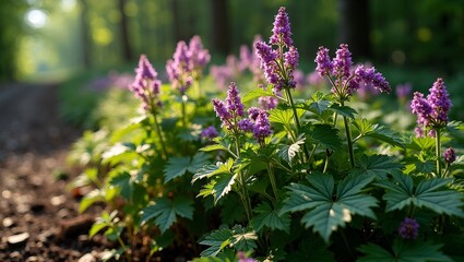 Obraz premium Serrated purple and green Perilla leaves in dappled forest light