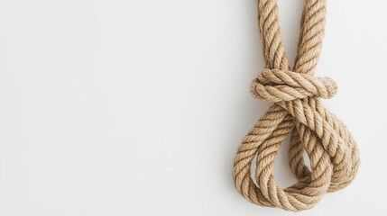 Natural, biodegradable jute rope tied in a secure knot or loop against a pristine white backdrop, showcasing its rustic charm and practical用途。 