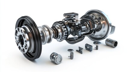 Obraz premium A disassembled metal car engine part with various components on a white background.