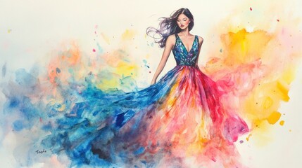 Watercolor Painting of a Woman in a Colorful Dress with Flowing Hair